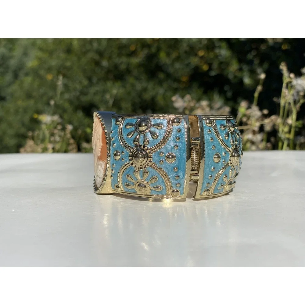 Amedeo NYC HSN 14K Gold Plated Shell Cameo Blue Enamel Bangle Bracelet~ Good Con